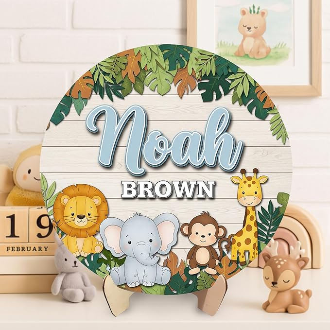 Jungle Animal Name Wooden Sign – Custom Wooden Nursery Wall Plaque with Lion, Elephant, Monkey, Giraffe, Personalized Toddler Room Decor Keepsake Gift for New Parents