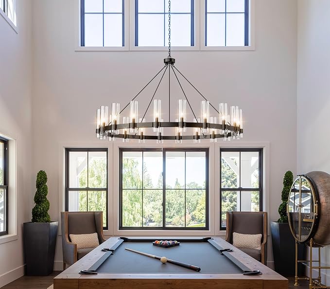 60 Inch Black Round Chandelier, Wagon Wheel Chandelier with Glass Shade, 20-Lights Large Modern Farmhouse High Ceilings Pendant Lighting Fixture for Dining Room, Living Room, Kitchen, Foyer