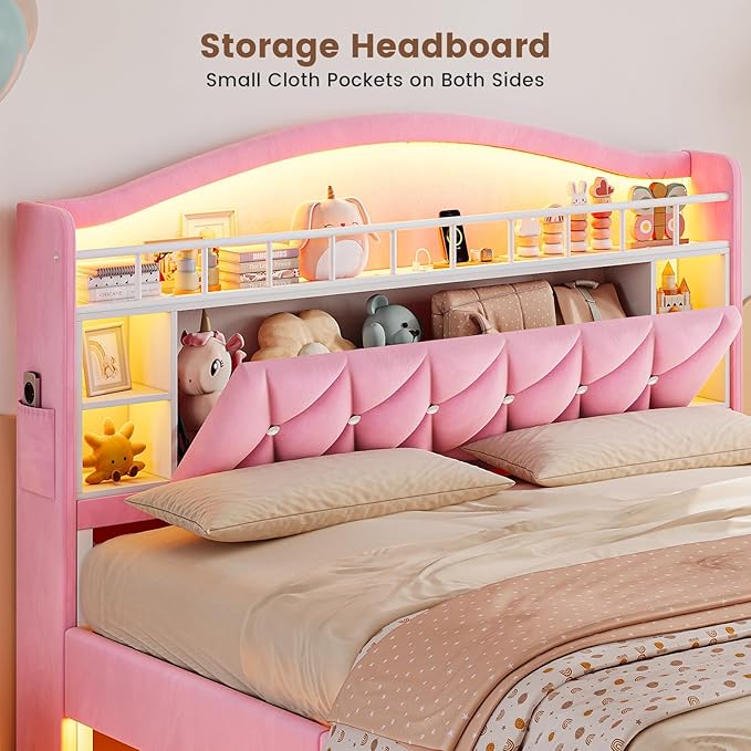 ADORNEVE Full Bed Frame with LED Lights, Princess Velvet Upholstered Platform Bed for Girls, Headboard with Charging Station & Guardrail & Crystal Button, No Box Spring Needed,Pink
