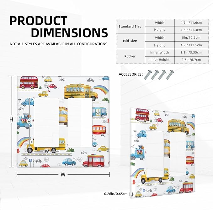 Kids Bus Taxi Truck Double Rocker Light Switch Cover 2 Gang Outlet Wall Plate Decorative GFCI Switchplate Electrical Faceplate for Nursery Kidsroom Bedroom Decor