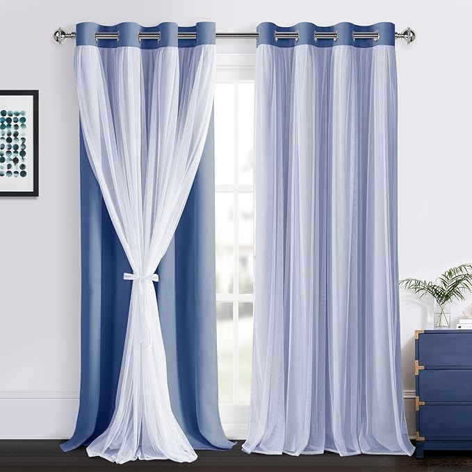 DWCN Blackout Curtains with Sheer Overlay Layered Curtains for Bedroom/Living/Dining Room Grommet Top Window Treatments with Tiebacks, 52 W by 96 L, Hazy Blue, 2 Pieces