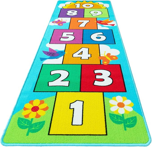 Hop & Count Hopscotch Rug for Kids, Floor Play Area Rug Game Carpet Crawl Jump Mat, Skid-Proof Backing, Great Gift for Boys Girls, Room Decor, Classic Hopscotch Rug for Preschool Playroom