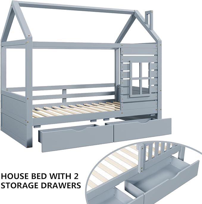 Twin Size Kids House Bed with 2 Storage Drawers, Twin House Bed Frame with Roof and Window, Twin Bed Frames for Kids with Slats, Modern Wooden Montessori Bed for Bedroom, Grey