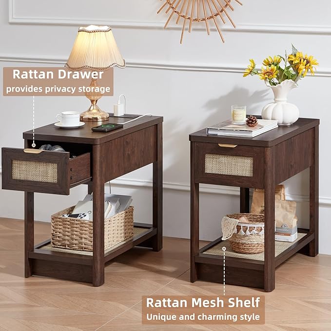 Lerliuo Narrow Night Stand with Charging Station, Boho Nightstand with Drawer, Bed Side End Table with Rattan Shelf for Small Spaces, Wood Nightstands Bedside Tables for Living Room Bedroom
