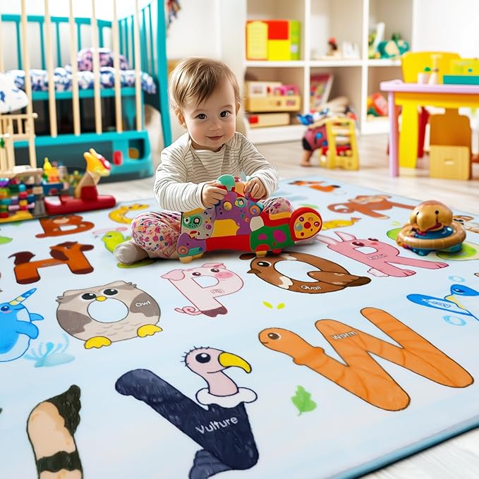 Kids Rugs for Playroom, 4x5 Feet Educational Rug for Learn The ABC Alphabet, Soft Machine Washable Non-Slip Cute Animal Carpet for Classroom Toddler Nursery Kids Room Decor Mat, Blue