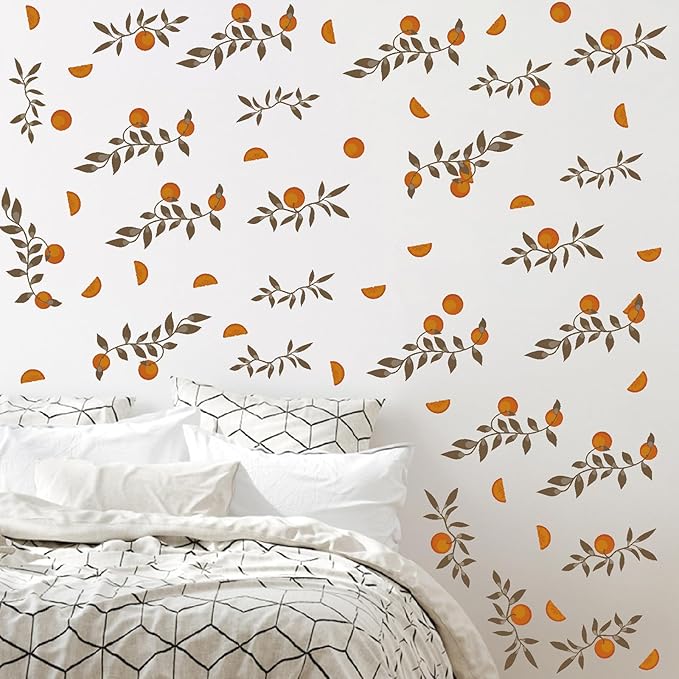 Orange Leaf Wall Decals Boho Fruit Leaf Wall Stickers Small Tree Leaf Sticker Vintage Green Leaves Decal Cute Orange Leaves Wall Decals for Nursery Kids Room Bedroom Kitchen Decor