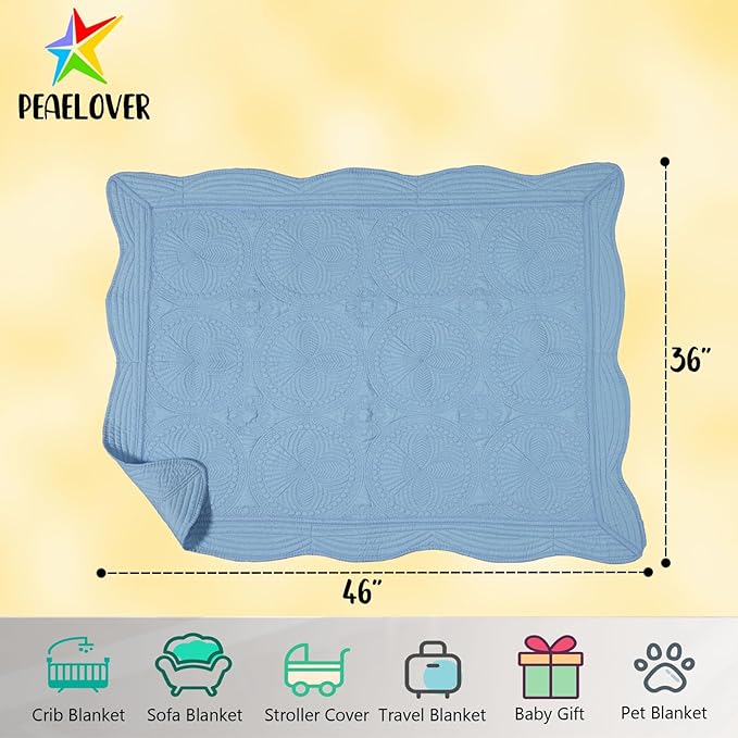 PEACELOVER Embossed Neutral Baby Quilt Durable, Lightweight Baby Blankets Four Seasons for Personlized Monogram Cotton Quilted Blanket Toddler Quilt for Boys and Girls 46x36 Inches (Baby Blue)