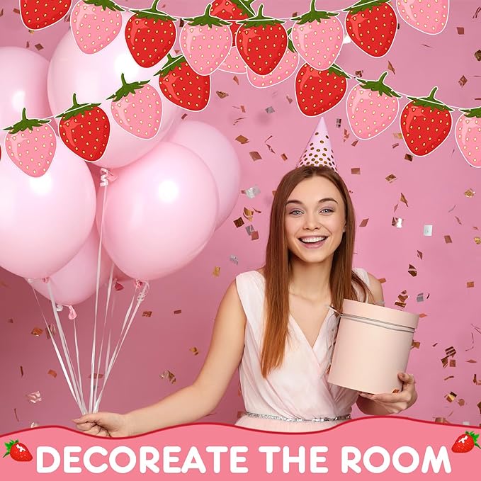 Lewtemi 4 Pcs Berry First Birthday Decor Strawberry Baby Shower Decorations Hanging Banner Berry Garland for Strawberry Themed Party Favors Supplies(Red, Pink)