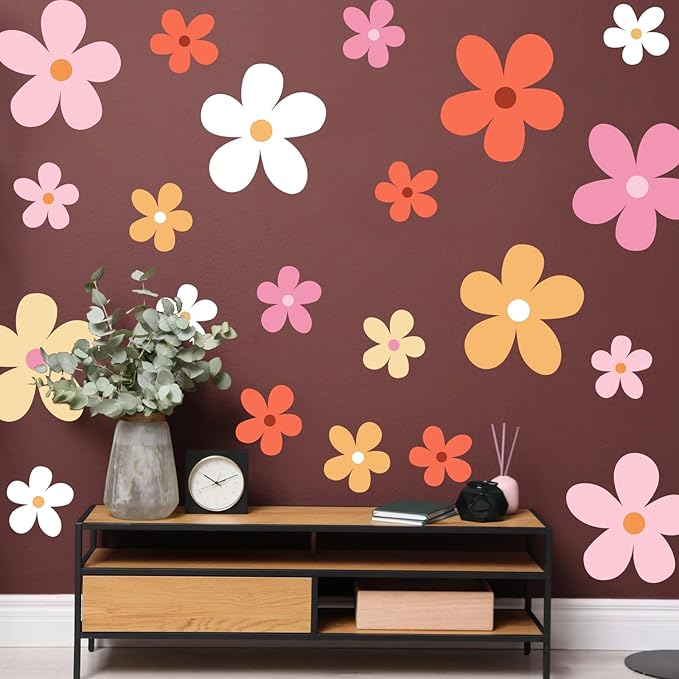 TaoBary 12 Sheets Daisy Wall Decal Flower Wall Sticker Cute Daisy Sticker Pink White Flower Decal Peel and Stick Floral Wallpaper for Nursery Bedroom Home Decor(Bright Color,Elegant Style)