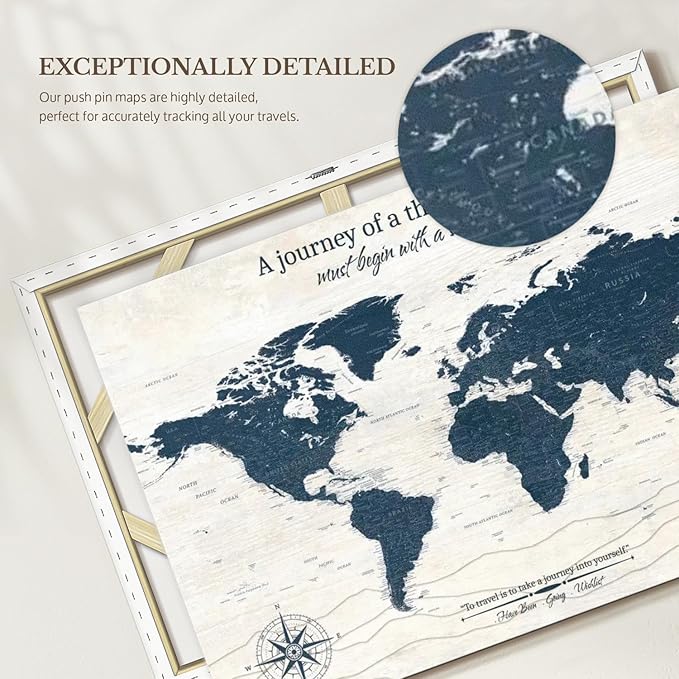 ElephantStock - A Journey I Push Pin World Map Wall Art - Horizontal Canvas Wall Art - Living Room Wall Decor - Digital Art Map Canvas Art - Blue And Beige Decor - 24" x 16"