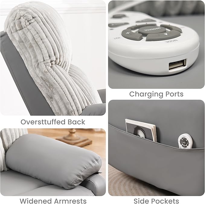 GRAINELL Swivel Rocker Recliner Chair with Massage and Heat, USB Charging Port, Infinite Position Power Recliner, Electric Glider Rocking Chairs for Living Room, Nursery (Grey)