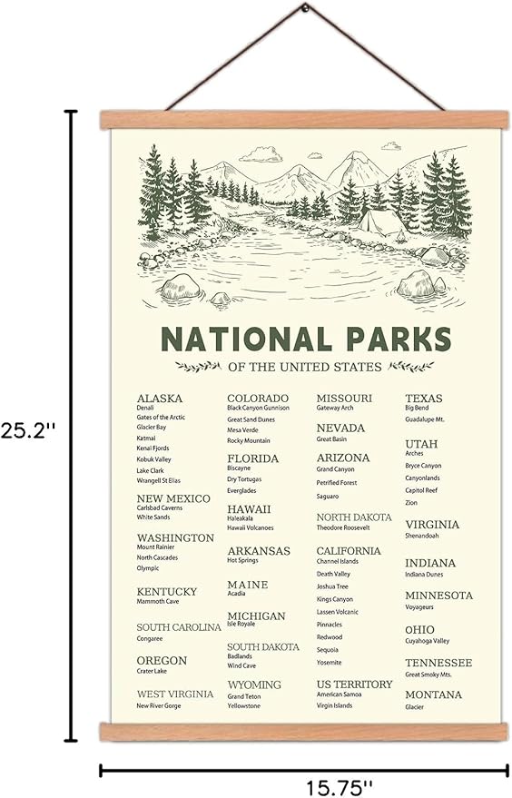 KAIRNE US National Park Checklist Poster,Park Posters for Travel Sign With Wooden Hanging Framed(40CMx75CM),Inspirational Rustic Decor,National Park Map Posters Gift for Hiker or National Park Lover