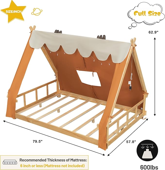 Montessori Floor Bed Full with Tent & Light, Wood Full House Beds for Kids, DIY Playhouse, Low-Profile Teepee Bed, Playful Indoor Adventure & Sleep for Girls Boys,Natural+Brown