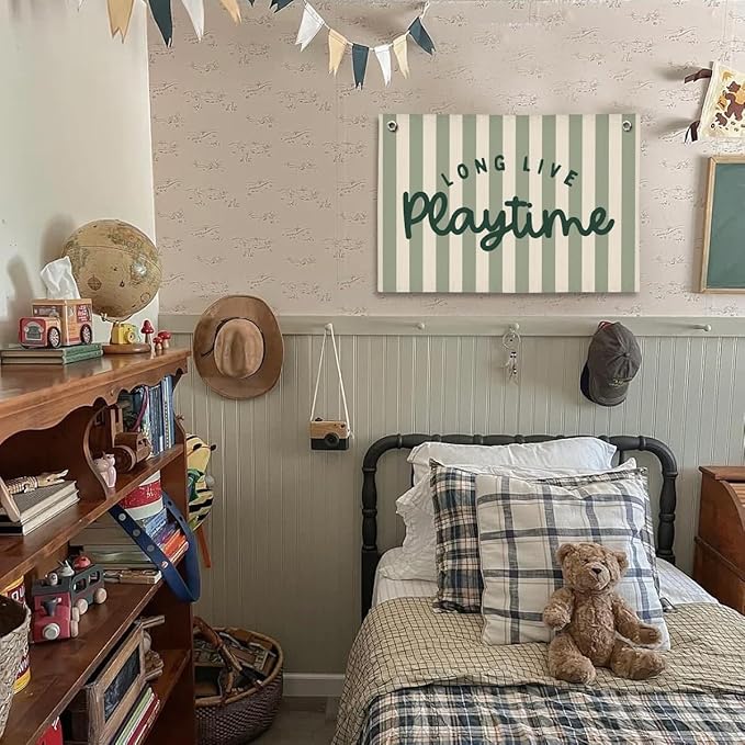 Playroom Decor, Long Live Playtime Wall Hanging Linen Banner, Blue Striped Wall Flag for Kids Room Nursery Playroom Decor, 20x30 Inch-Green