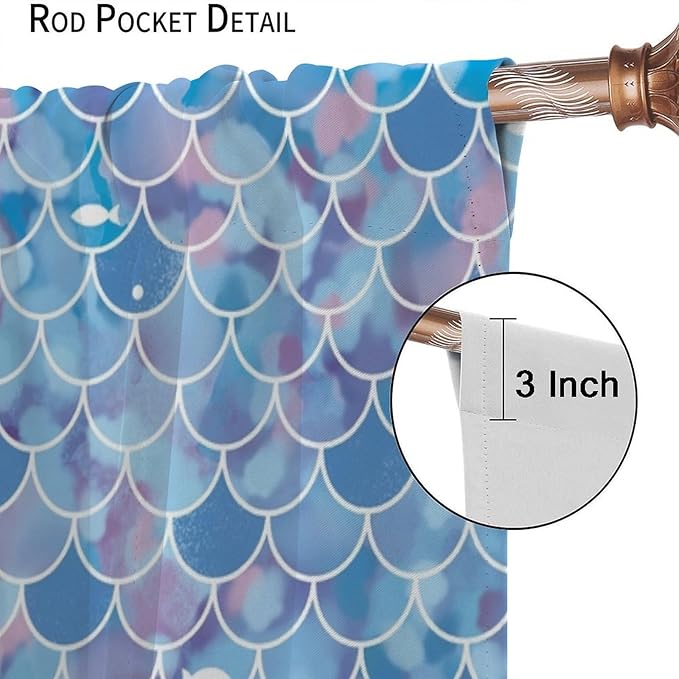 Mermaid Blackout Curtains, Kids Cartoon Blue and Pink Ocean Mermaid Scale Pattern Decoration for Girls Bedroom Nursery Curtains 84x84 Inch