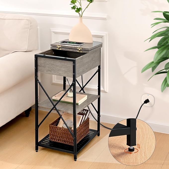 Livofloral Narrow Side Table with Charging Station, End Tables Set of 2 for Small Spaces, Flip Top End Table with Storage, End Tables Living Room, Nightstand Set 2 with Drawer for Bedroom, Grey