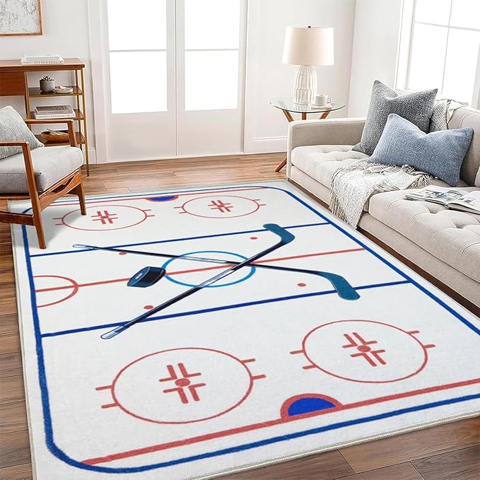 Hockey Rug 6x9 Washable Low Pile Non Slip Sports Rug for Boys Bedroom Decor, Hockey Room Area Rug Man Cave Carpet Mat
