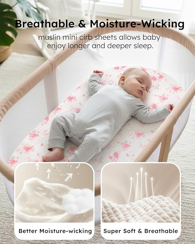 Yoofoss Muslin Baby Bassinet Sheets Boys Girls, Organic Fitted Bassinet Mattress Sheets Compatible with Halo Bassinest Swivel Sleeper,Baby Delight, Angelbliss, Soft, Breathable, Durable