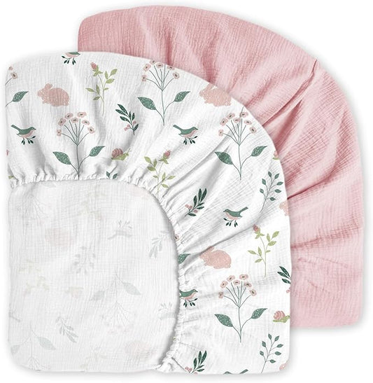 Little Grape Land Muslin Crib Sheets Fitted for Boys and Girls 2 Pack, 100% Cotton Baby Bed Sheets Soft Breathable, Neutral Fitted Baby Mattress Sheets for Standard Crib 52x28 inches, Pink Bunny