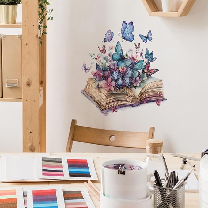 Magic Book Wall Decals Colorful Flower Butterfly Wall Stickers, Purple Butterflies Decoration for Girls & Boys Bedroom Removable Vinyl Peel and Stick for Living Room, Bathroom, Library