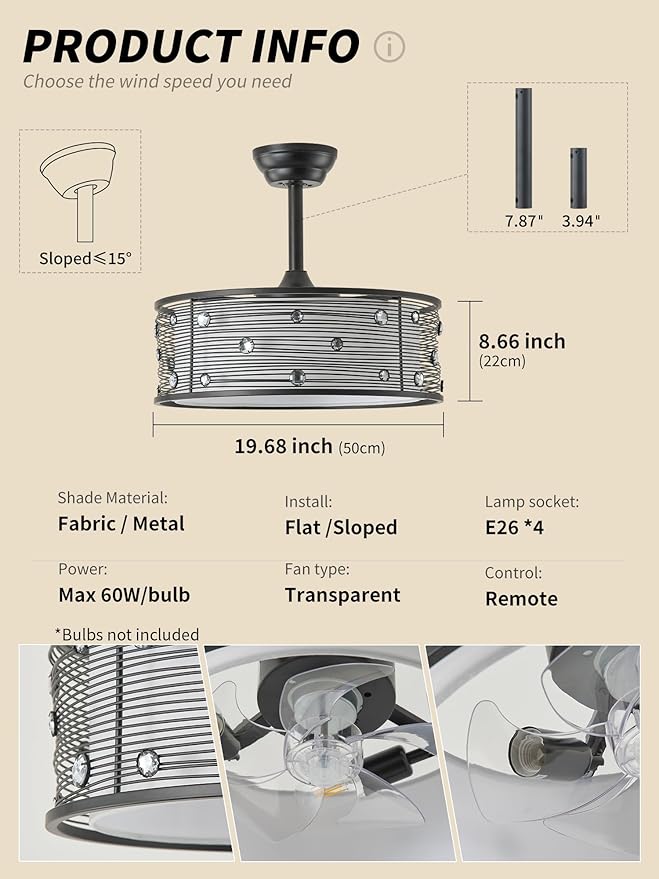 20" Black Fandelier Ceiling Fan with Light, Chandelier Ceiling Fans with Lights Remote Control, Caged with 6 Speeds for Bedroom, Living Room, Nursery