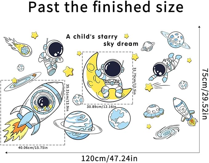 Space Decor Astronaut Wall Stickers - Space Theme Bedroom Classroom Playroom Murals & Decals - Wall Decals for Boys Girls Room - Outer Space Wallpaper With Planets
