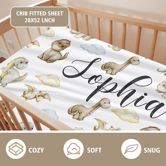 Personalized Crib Bedding Set for Boys Girls, Custom Baby Crib Sets with Name, Cute Dinosaur Theme Nursery Bedding 2 Piece - Soft Blanket with Double Layer Dotted Backing, Crib Fitted Sheet