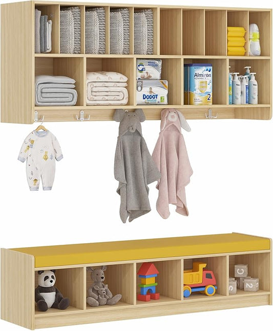 Wall Diaper Organizer for Daycares with Cubby Bench, Wooden Diaper Shelf with 5 Cubbies and 10 Small Storage, Daycare Cubbies for Nursery, Home, School