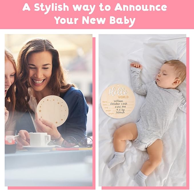Hello World Newborn Sign: Baby Announcement Wooden Name Sign with Footprint Marker and Stand - Perfect Birth Announcement for Newborns