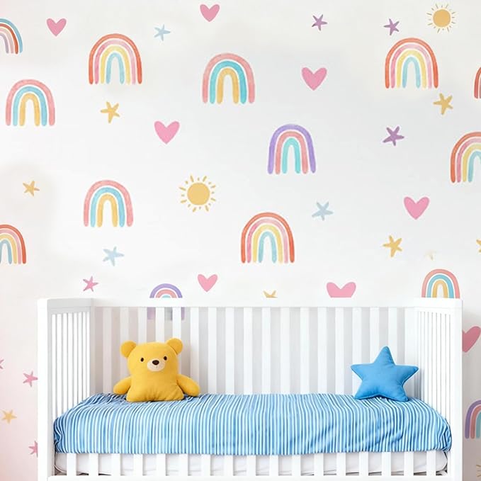 8 Pcs Rainbow Wall Decals, Watercolor Wall Stickers Large Size Art Peel and Stick, Nursery Kids Room Wallpaper Decor for Boys Girls Bedroom Playroom Classroom Mural Art Blue and Pink