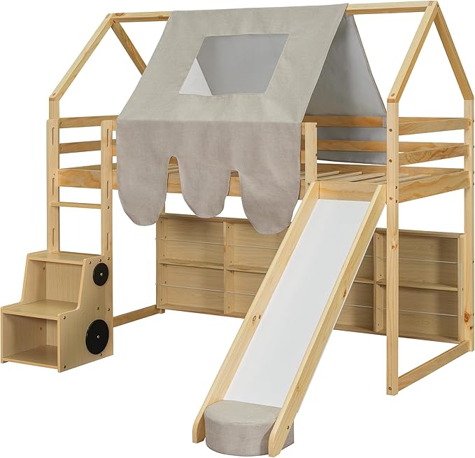 Playhouse Design Twin Size Wood Loft Bed with Slide and Tent, Low Loft House Bed Frame with Storage Shelves and Removable Car-shaped Staircase for Kids Teens Boys Girls Bedroom (Natural+Beige)