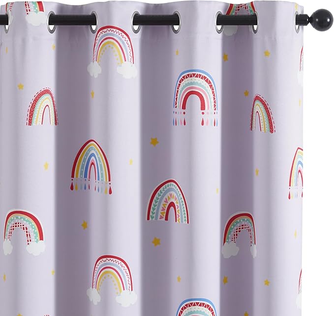 Vangao Boho Girls Blackout Curtains Purple for Kids Room 84 Inch Length, Rainbow Window Drapes for Living Room Nursery Thermal Grommet Insulated Room Darkening Curtains Bedroom, 2 Panels