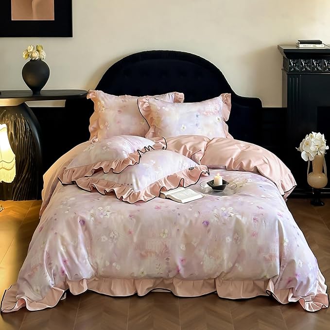 HighBuy College Girl Ruffle Duvet Cover Set Twin XL,Brushed Cotton Comforter Cover Pink Floral Lace Bedding Set Chic Cottagecore,Durable Soft Duvet Cover Set with Zipper,Breathable