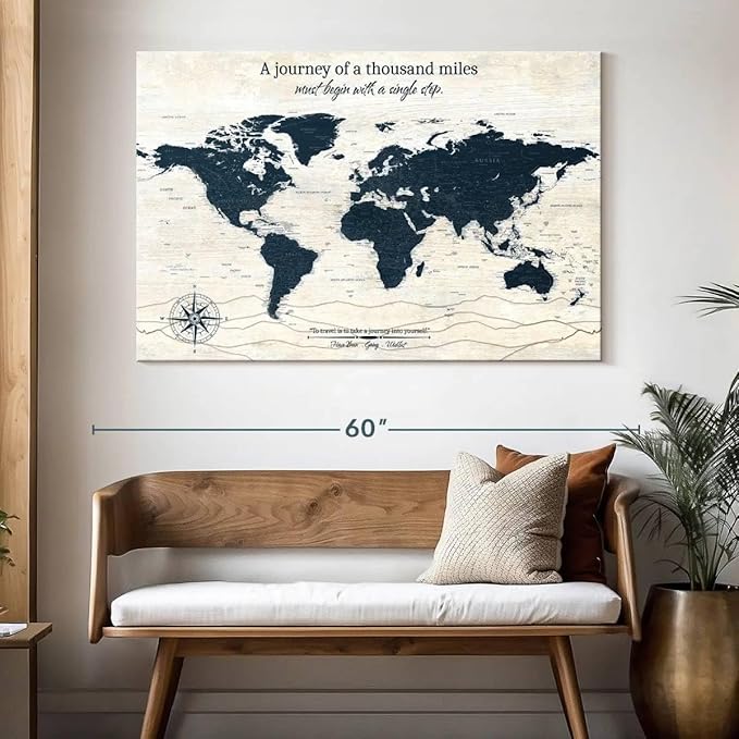 ElephantStock - A Journey I Push Pin World Map Wall Art - Horizontal Canvas Wall Art - Living Room Wall Decor - Digital Art Map Canvas Art - Blue And Beige Decor - 51" x 34"