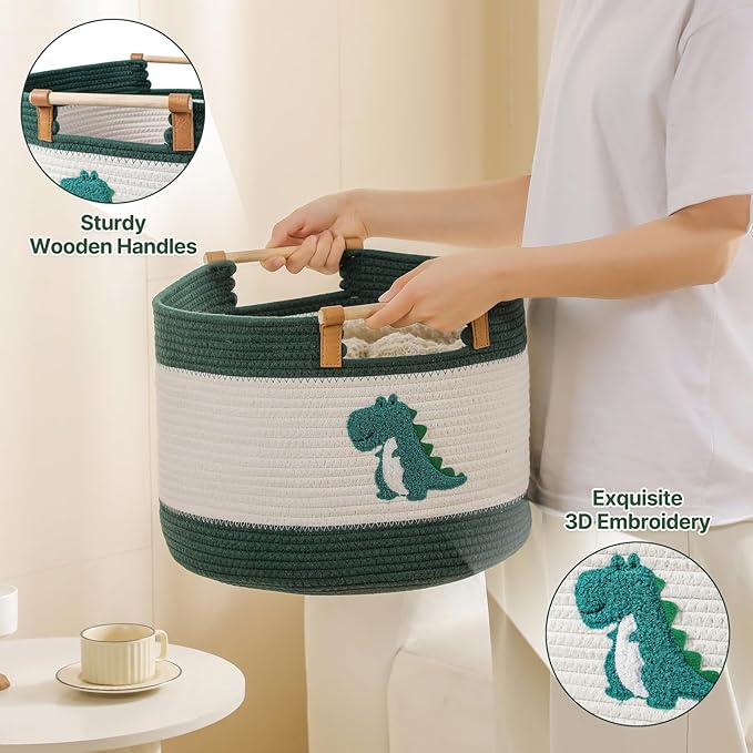 Large Blanket Basket 35L Cotton Rope Basket with Wooden Handles Woven Baskets for Kids Stuffed Animal Toys Storage for Nursery, Laundry Hamper Clothes Baby Hamper Boys Gift Basket Empty, (Dinosaur ）