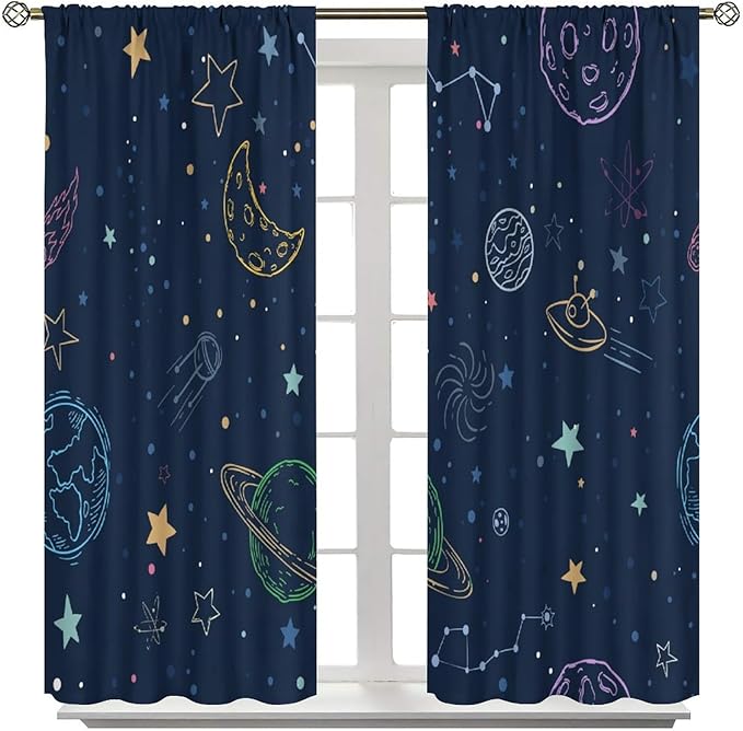 Navy Blue Space Curtains, Cartoon Outer Space Stars Planets Theme Galaxy Curtains for Kids Teens Bedroom Nursery Toddlers Room 42" W X 45" L