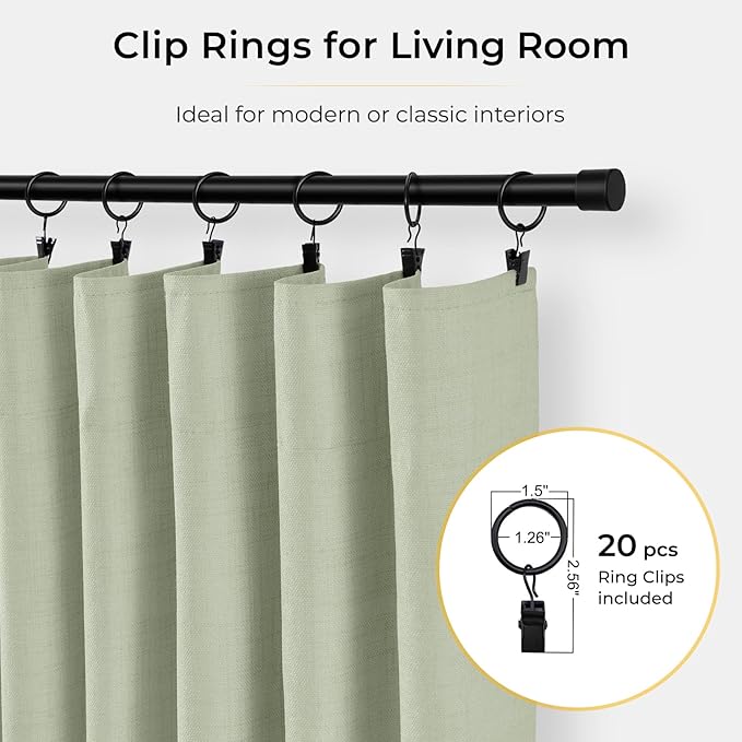INOVADAY 100% Blackout Curtains for Bedroom, Black Out Curtains 108 Inch Long, Clip Rings Linen Blackout Drapes, Thermal Insulated Room Darkening for Living Room, 2 Panels - Sage,W50xL108