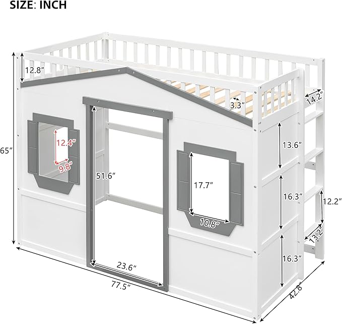 Twin Size Loft Bed with Safety Guardrail for Kids Boys Girls, Playhouse Design Solid Wood Loft Bed Frame with Ladder and Windows, Strong Wood Slats Support, Space-Saving (White+g Twin)