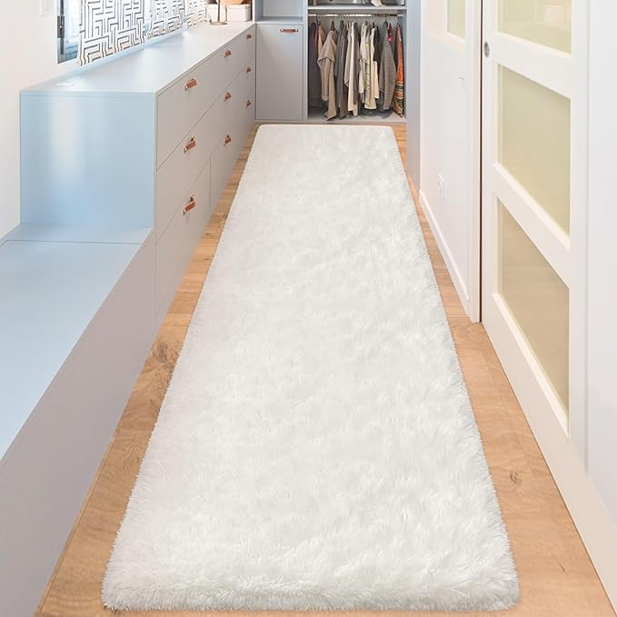White Fluffy Runner Rugs for Bedroom Living Room Soft Shag Rug 2x8 Feet Plush Carpet Non Slip for Nursery Dorm, Fuzzy Bedside Rug Hallway for Kids Boys Girls Room Home Decor