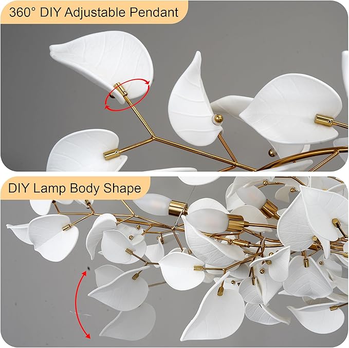 YUYI 31.5" Gold Tree Branches Chandelier, Ceramic Hearted Leaf Chandelier, Modern Round Chandeliers for Dining Room, Living Room Over Table, Kitchen, Foyer, Bedroom, Elegant Art Deco