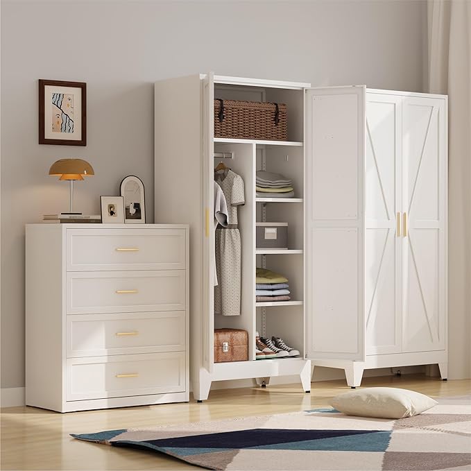 Metal armoire Wardrobe Closet with Hanging Rod,71'' Metal Wardrobe Cabinet with 2 Doors and 4 Adjustable Shelves, Bedroom armoires,Laundry Room cabinets,armario de ropa Closet(Modern, White)