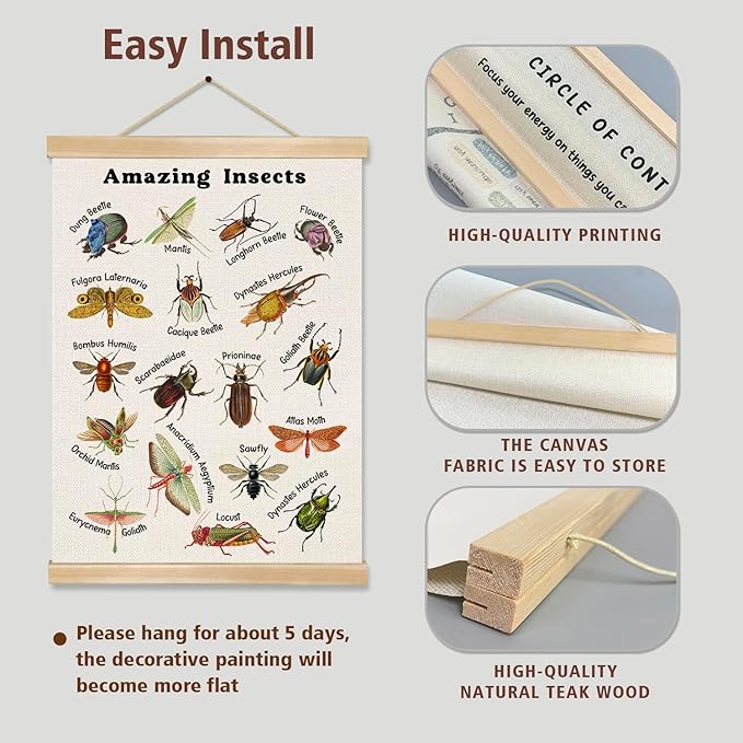 Amazing Insects Linen Canvas Wall Art Poster 18.5x14 Inch, Educational Bug and Beetle Learning Chart for Kids, Nature Science Classroom Decor, Vintage Biology Illustration for Playroom or Nursery