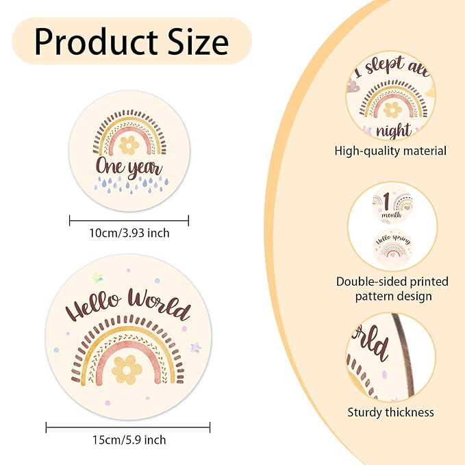 Baby Monthly Milestone Cards Sign - Double Sided Wooden Milestone Cards with Rainbow Design, Wooden Circles Discs for Photo Props Birth Announcement Board, Baby Shower/Gift Newborn Sign Set(13pcs)