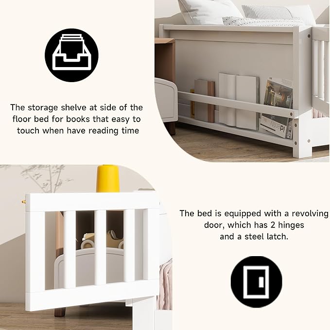 Twin Toddler Floor Bed with High Rails, Wooden Montessori Bed Frame with Door & Built-in Book Rack, Twin Size Bed Frame for Kids, Boys and Girls, White