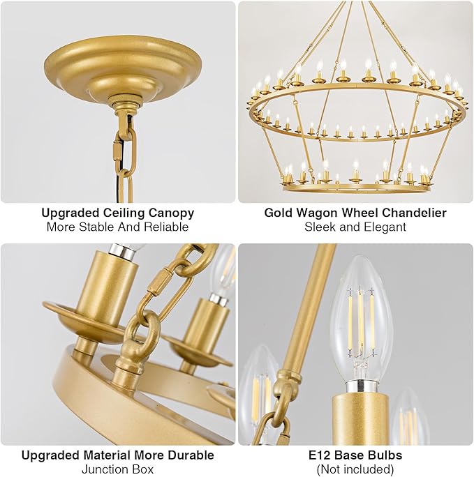 Wagon Wheel Chandelier, 2-Tier 36-Light Gold Large Modern Farmhouse Chandelier with Adjustable Height Island Light Fixture for High Ceiling Dining Room, Kitchen, Living Room, Entryways, Foyer