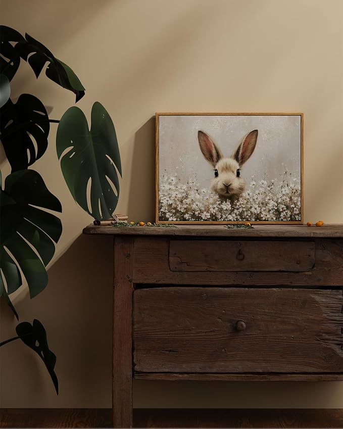 ARPEOTCY Vintage Framed Canvas Wall Art, 12x16inch, Easter Bunny Spring Rabbit Wall Decor, Animal Art Prints Home Decorations, Wildflower Paintings for Living Room Bedroom Shelf Decor