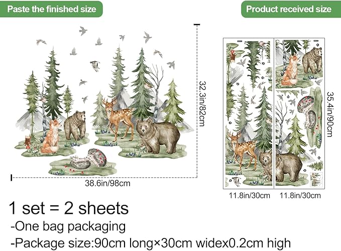 Large Jungle Animals Wall Decals Forest Tree Wall Decal Peel and Stick Woodland Bear Fox Deer Wall Stickers Giant Mountain Art for Bedroom Nursery Room BM6052-ZL