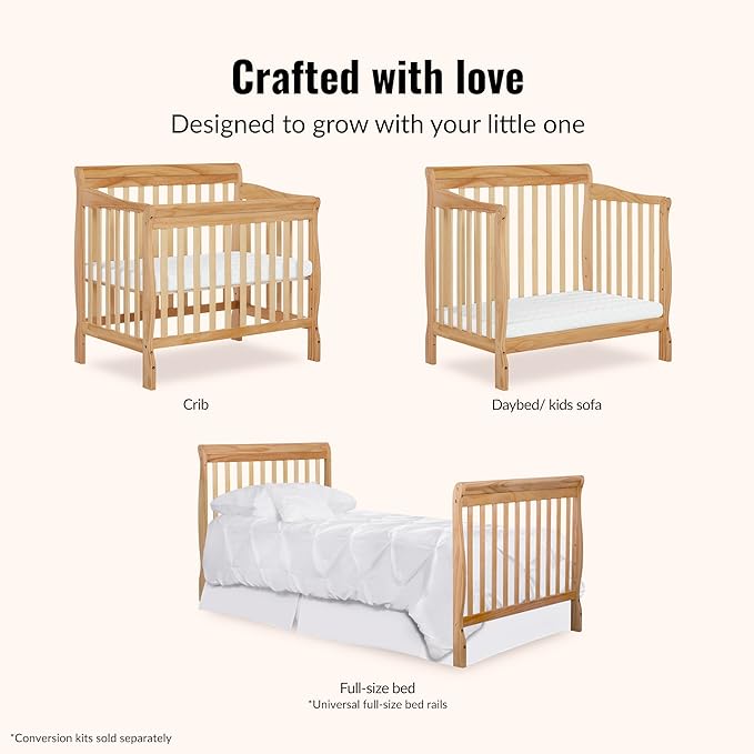 Dream On Me Aden 4-in-1 Convertible Mini Baby Crib in Natural, GreenGuard Gold & JPMA, Sustainable Pinewood, Non-Toxic Finish, 3 Mattress Heights, Converts to Mini Day & Twin-Size Bed