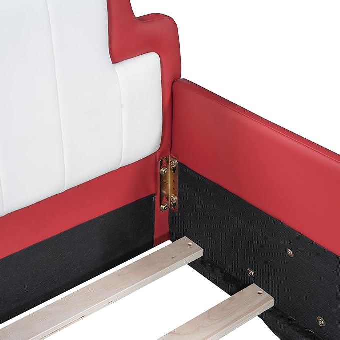 Twin Size Race Car-Shaped Platform Bed with Wheels, Unique Design Floor Bed with PU Leather Headboard and Safety Guardrails, Wood Slat Support for Kids,Boys,Girls (Red-100A)