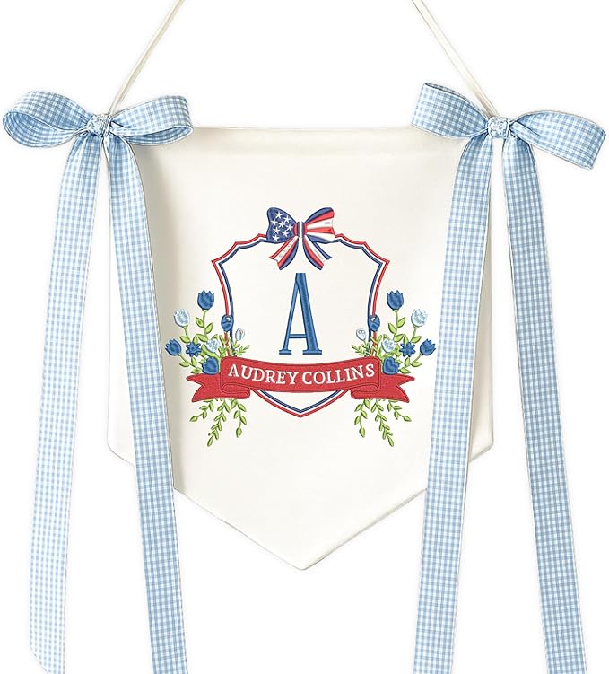 Embroidered Baby Name Sign with Bows Personalized Baby Announcement Sign Newborn Baby Banner Baby Hospital Name Sign Canvas Hanging Pennant Flag Custom Infant Baby Name Baby Shower Banner (15)
